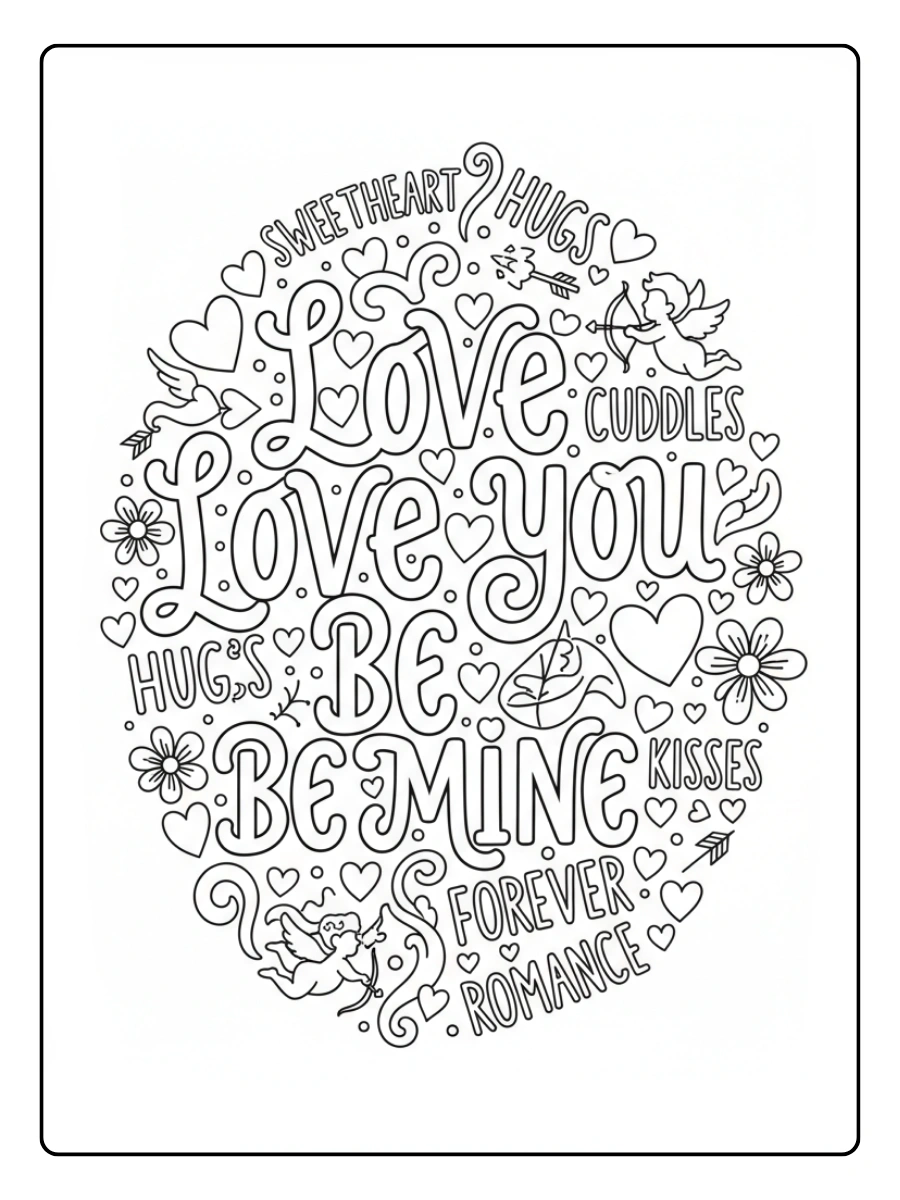 Valentine Word Coloring Pages – Romantic Lettering