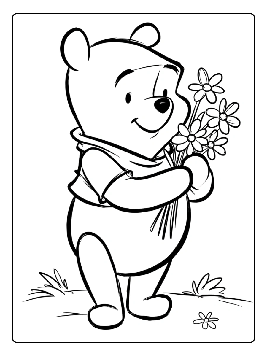 the Pooh Valentine Coloring Pages – Pooh Bear with Flowers