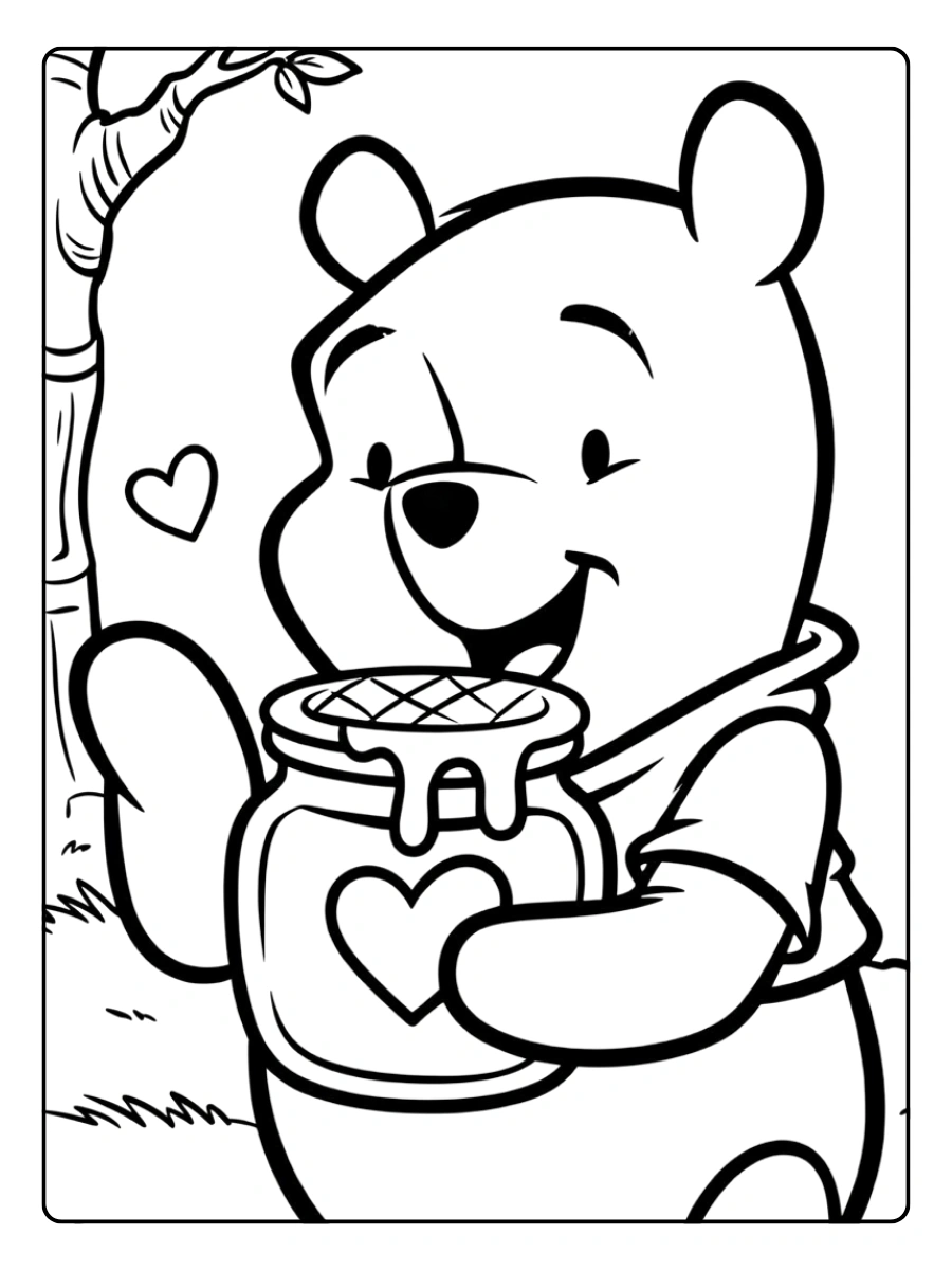 the Pooh Valentine Coloring Pages – Pooh with Honey and Heart