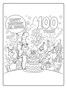 Happy Birthday Dr Seuss Celebration Coloring Page