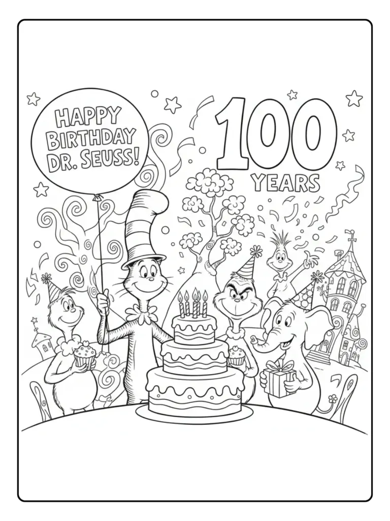 Happy Birthday Dr Seuss Celebration Coloring Page