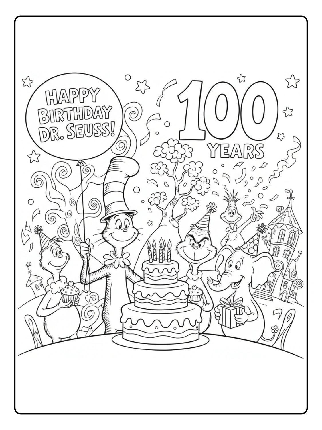 Happy Birthday Dr Seuss Celebration Coloring Page