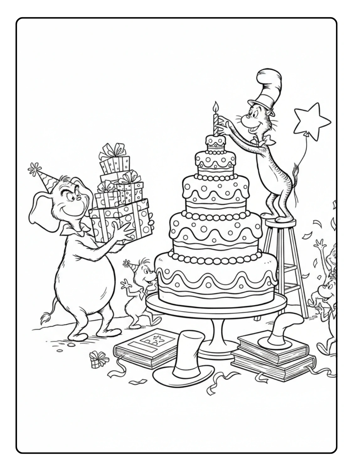 Happy Birthday Dr Seuss Coloring Pages with Cake
